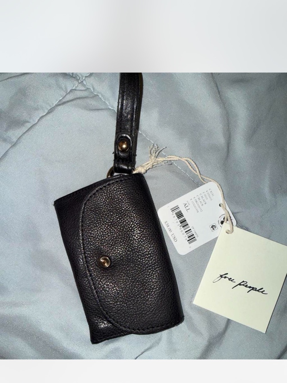 Free People Black Pebbled Leather Wristlet Card Holder with Strap
